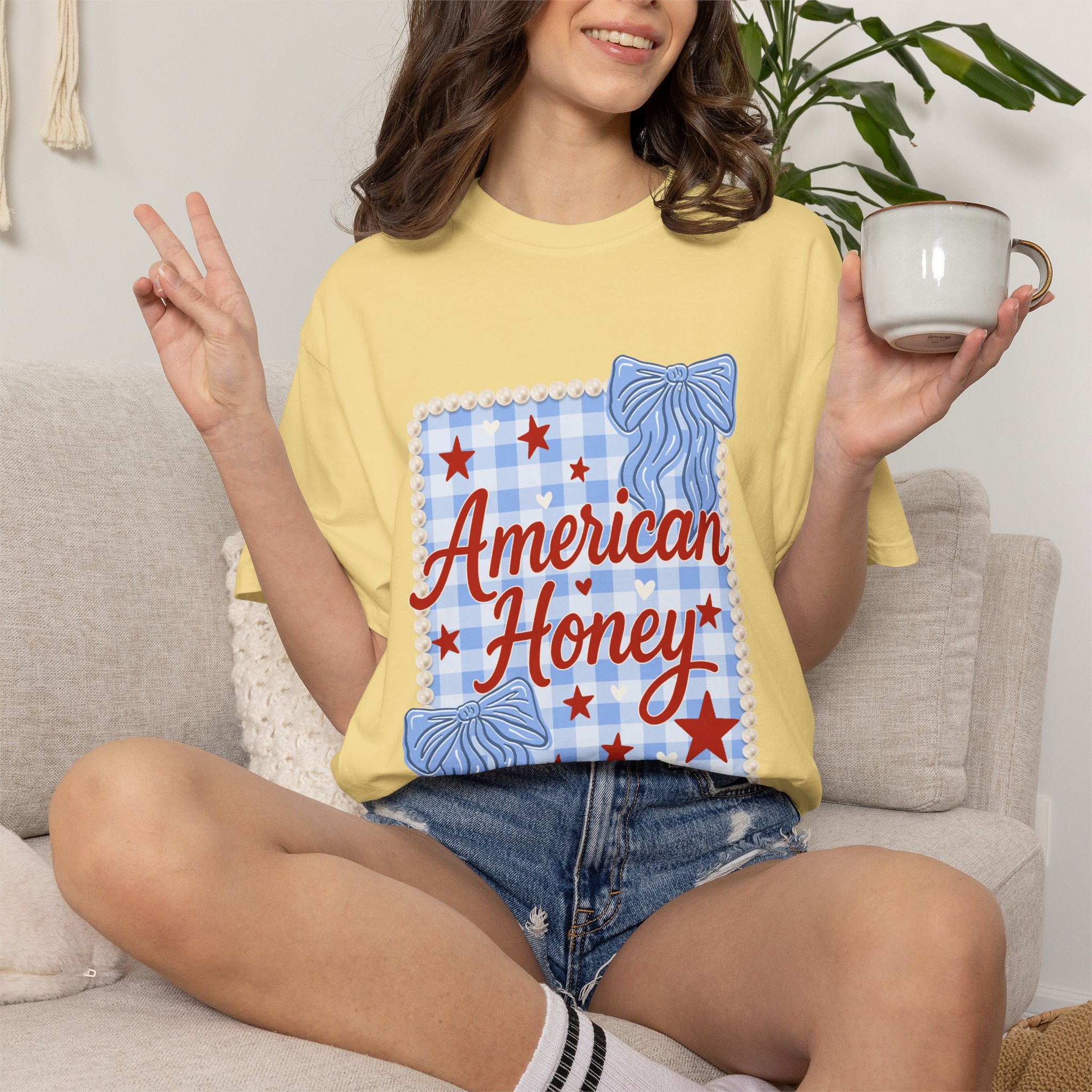 American Honey T-Shirt — Patriotic Gingham Graphic Tee