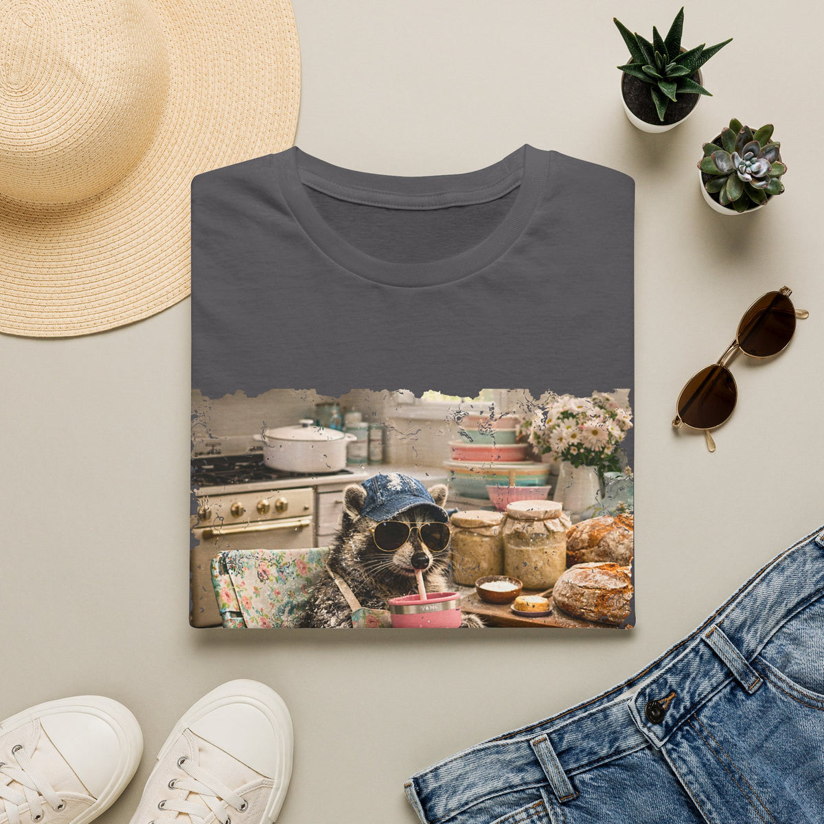 Raccoon Sourdough Vintage Graphic T-Shirt — Cozy Cottagecore Animal Print