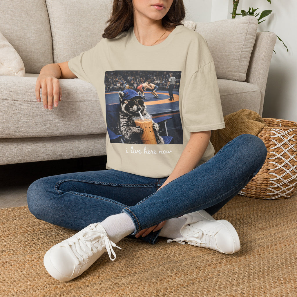 Wrestling Raccoon T‑Shirt — 'I Live Here Now' Funny Sports Tee