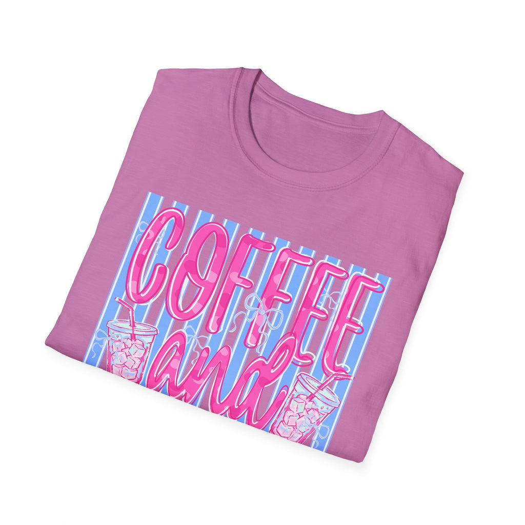 Coffee and Jesus T‑Shirt — Retro Pink & Blue Faith Graphic Tee