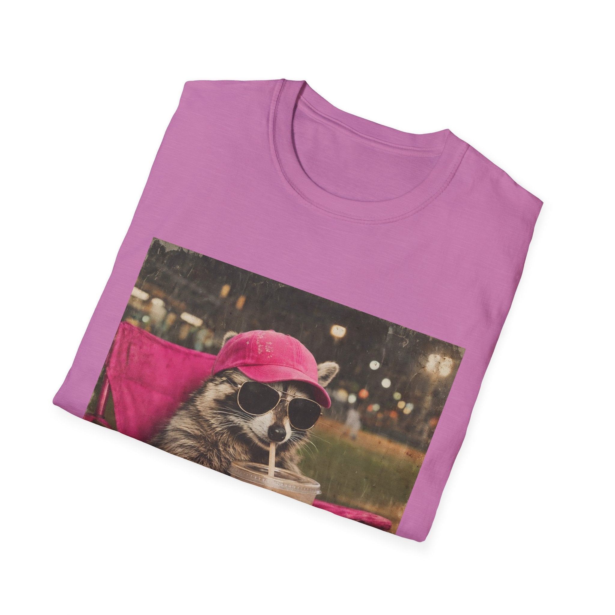 Raccoon Baseball/Softball Relaxing T-Shirt — 'Live Here Now' Retro Vacation Graphic Tee