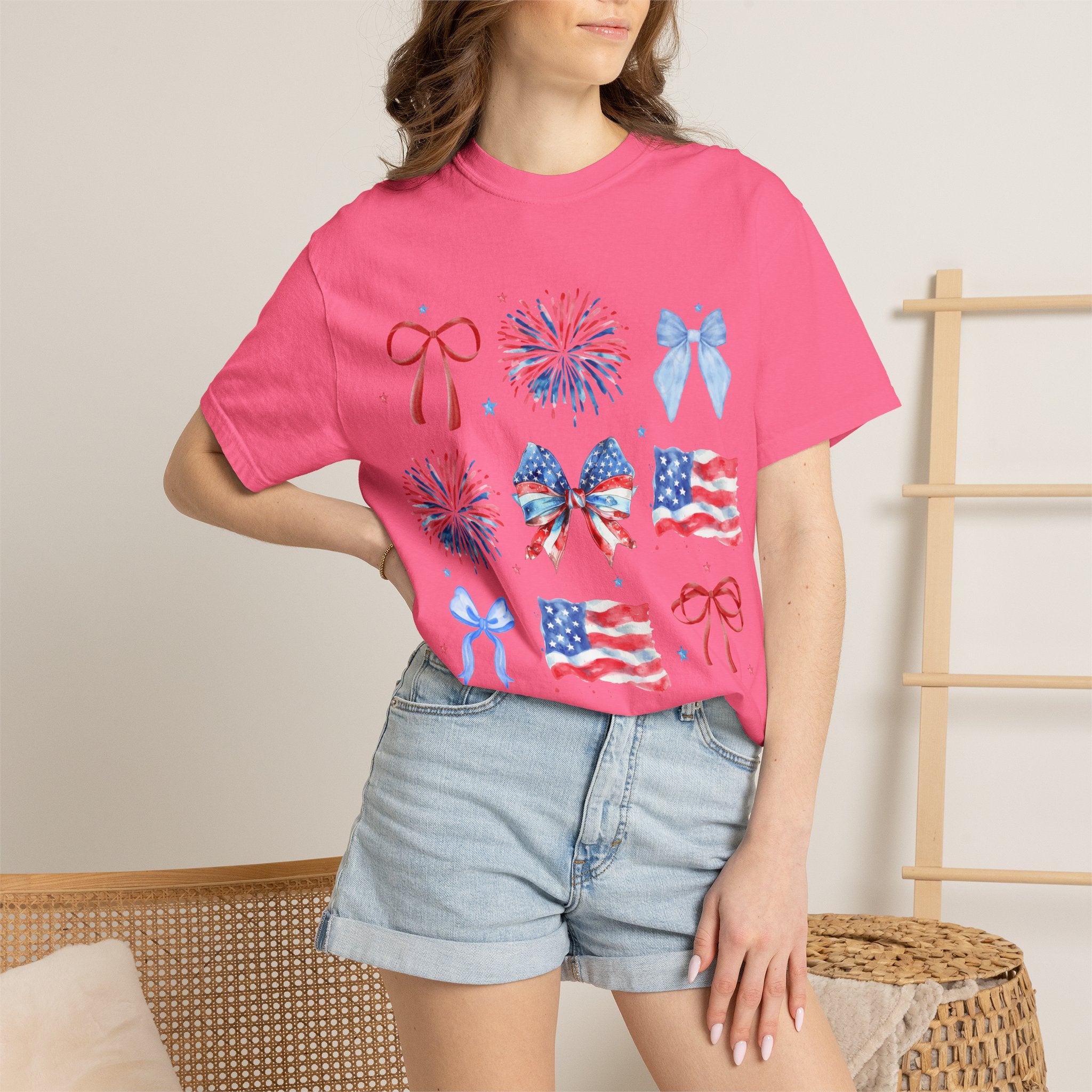 Patriotic Bows & Fireworks T-Shirt — American Flag Fourth of July Tee