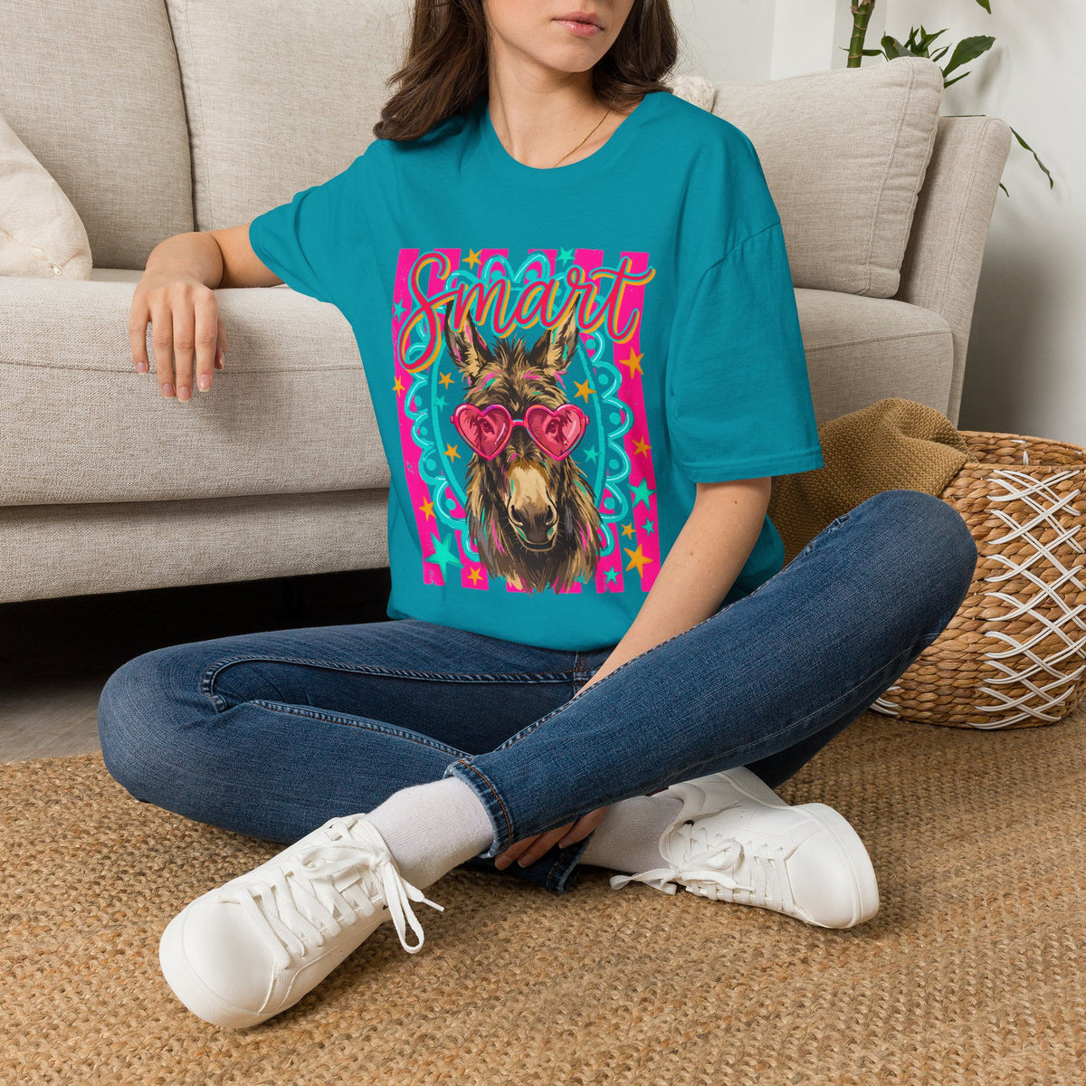 Smart Donkey T-Shirt — Colorful Heart-Sunglasses Graphic Tee for Animal Lovers