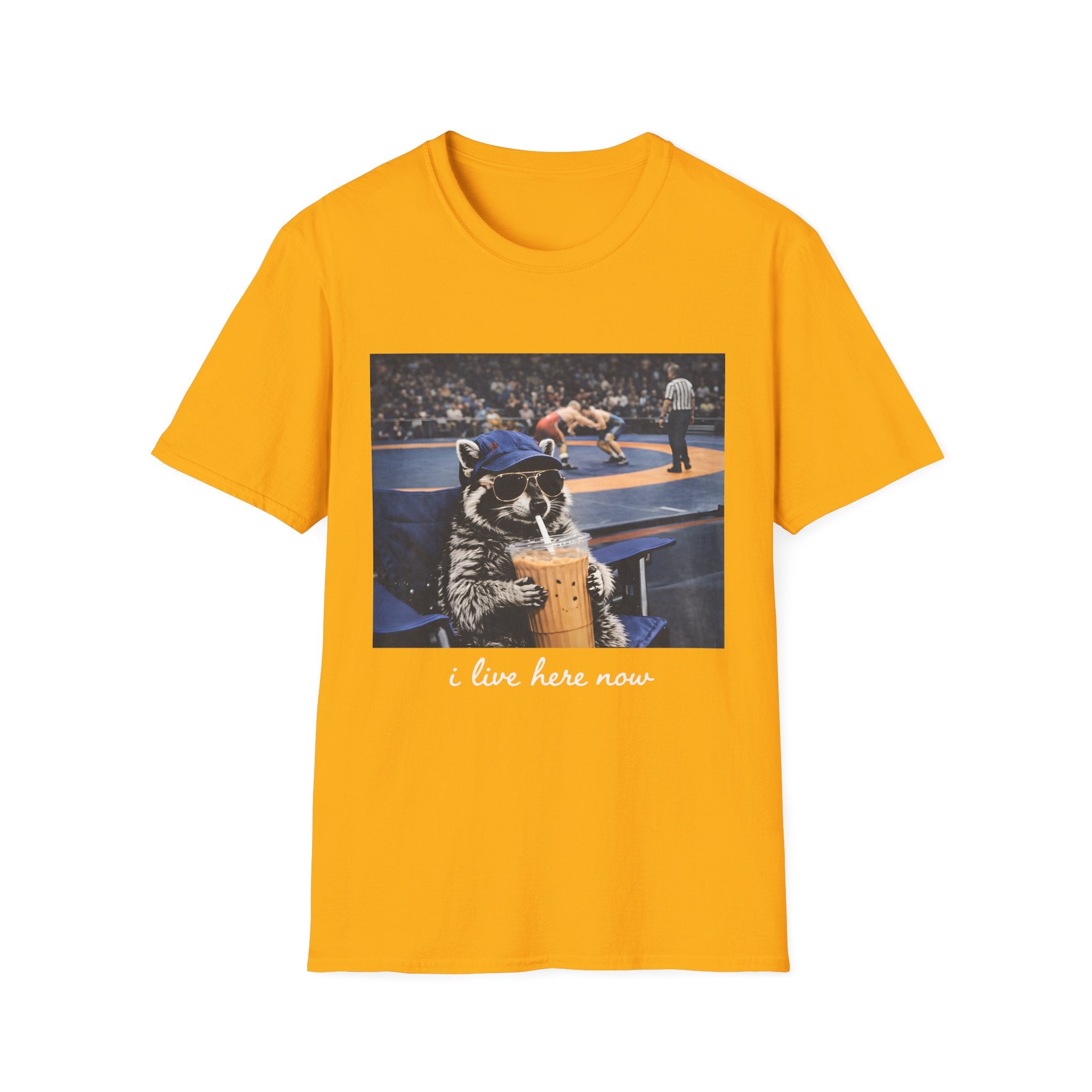 Wrestling Raccoon T‑Shirt — 'I Live Here Now' Funny Sports Tee