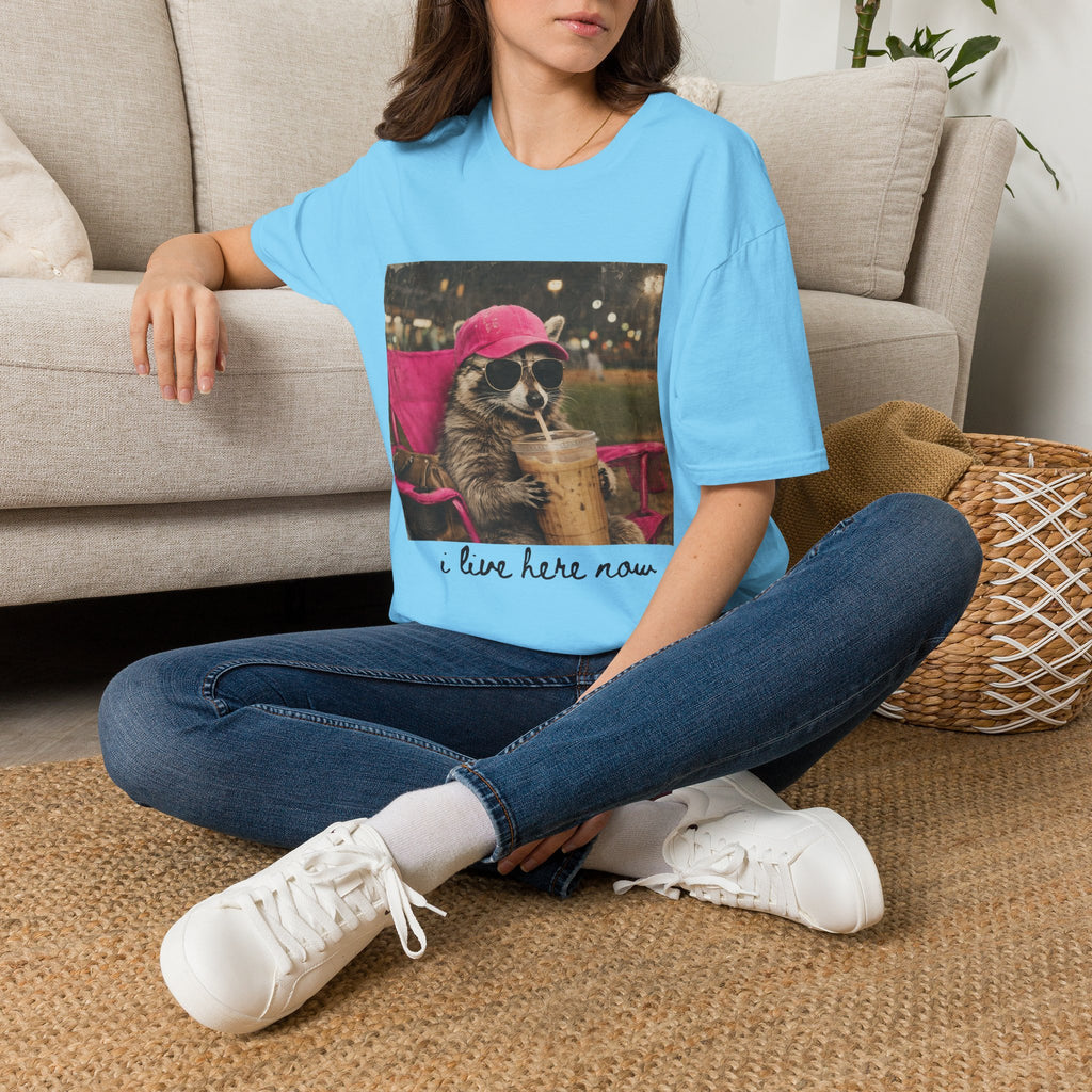 Raccoon Baseball/Softball Relaxing T-Shirt — 'Live Here Now' Retro Vacation Graphic Tee