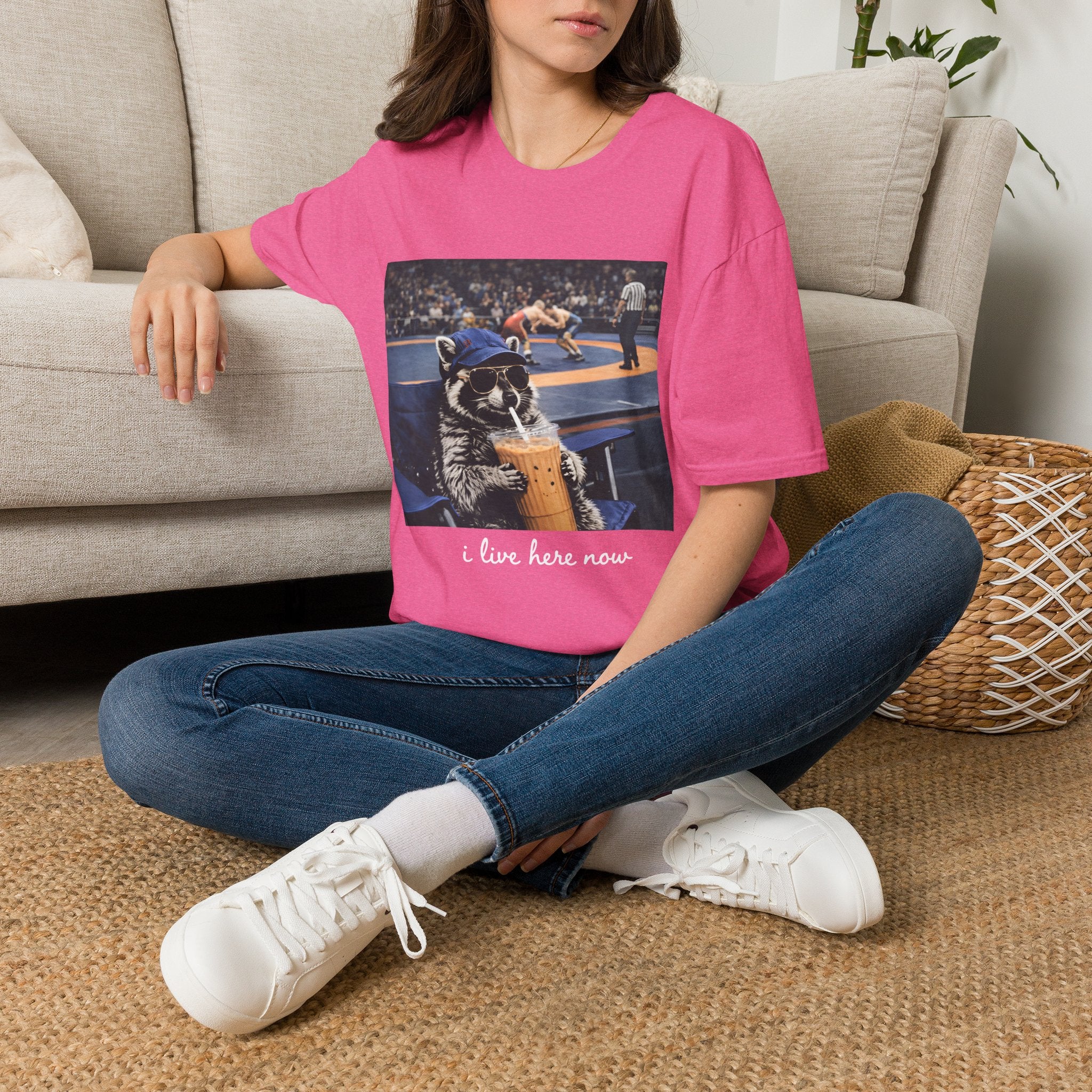 Wrestling Raccoon T‑Shirt — 'I Live Here Now' Funny Sports Tee
