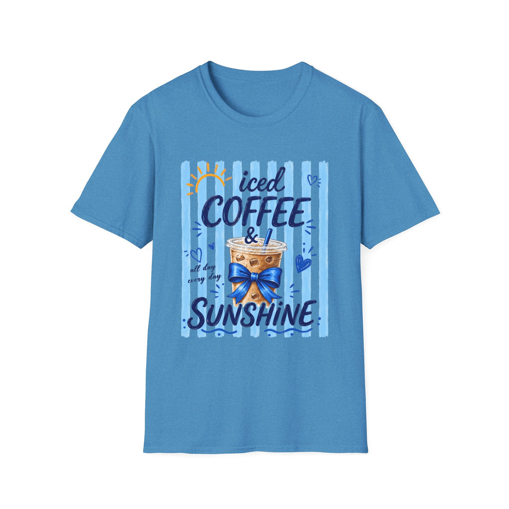 Iced Coffee & Sunshine T-Shirt — Cute Blue Striped Summer Tee