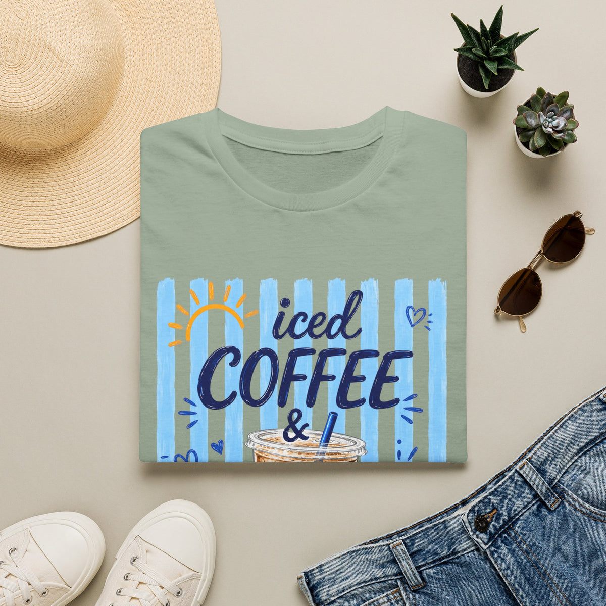 Iced Coffee & Sunshine T-Shirt — Cute Blue Striped Summer Tee