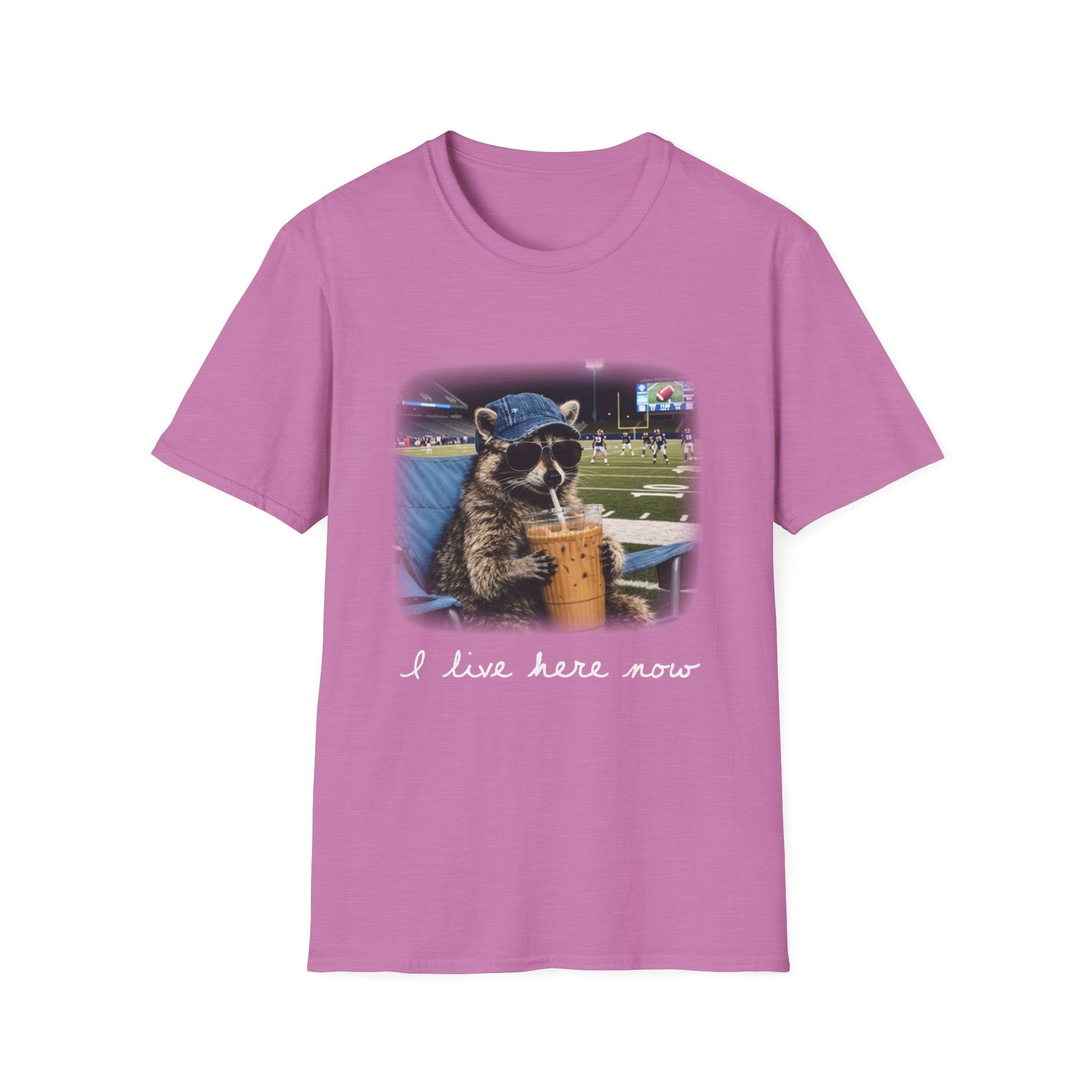 Raccoon Football Stadium Tee – "I Live Here Now" Graphic T-Shirt