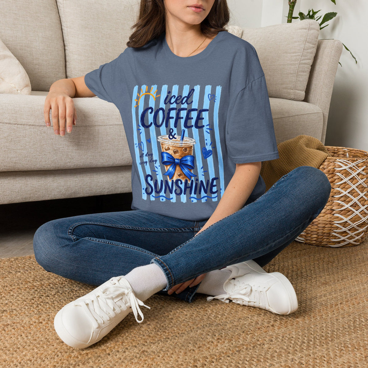 Iced Coffee & Sunshine T-Shirt — Cute Blue Striped Summer Tee