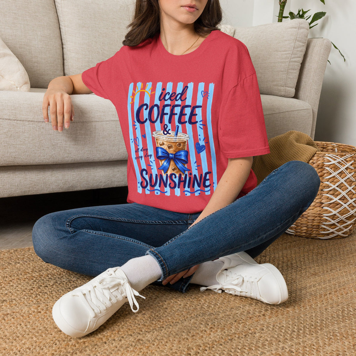 Iced Coffee & Sunshine T-Shirt — Cute Blue Striped Summer Tee