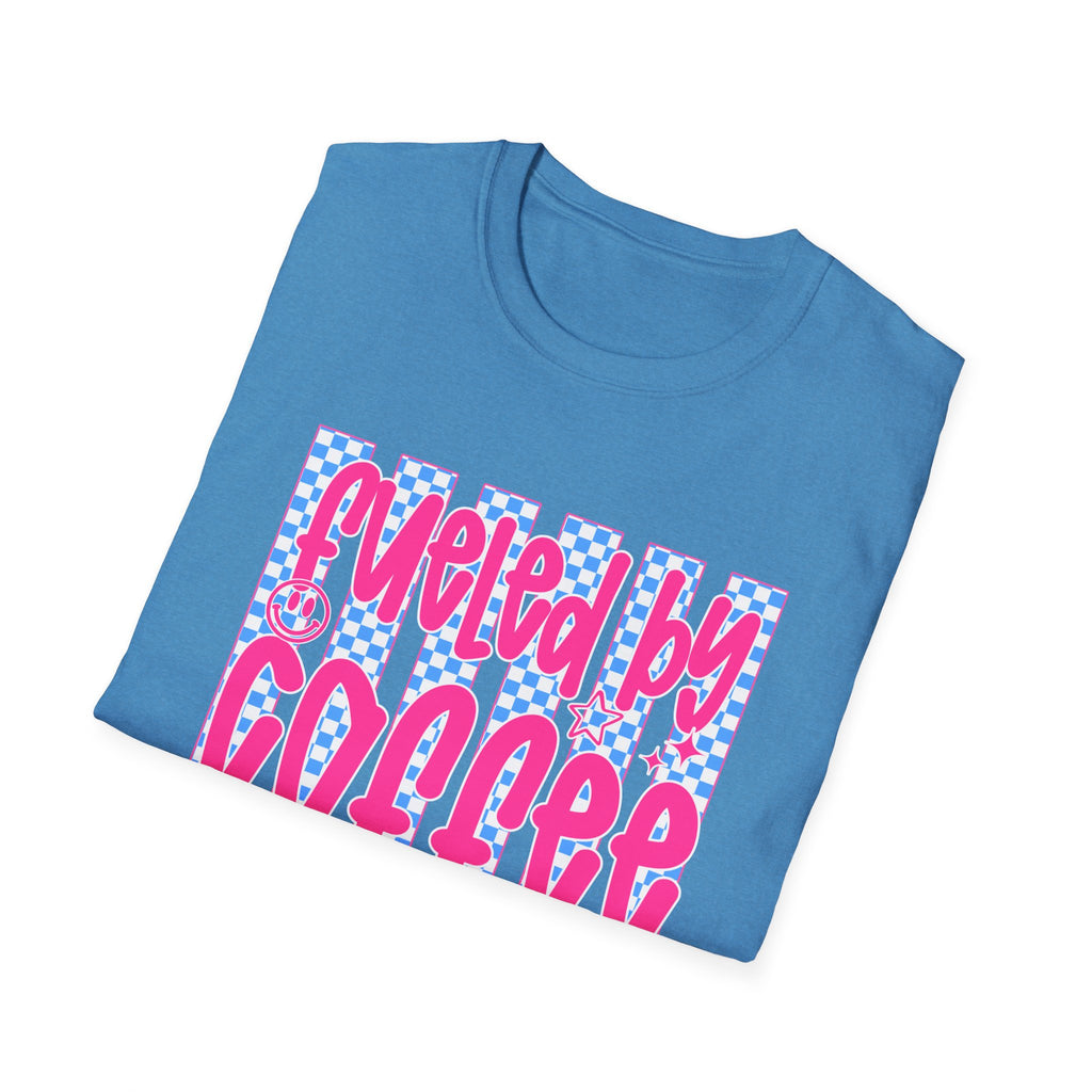 Fueled By Coffee And Anxiety T-Shirt — Retro Pink & Blue Checker Graphic