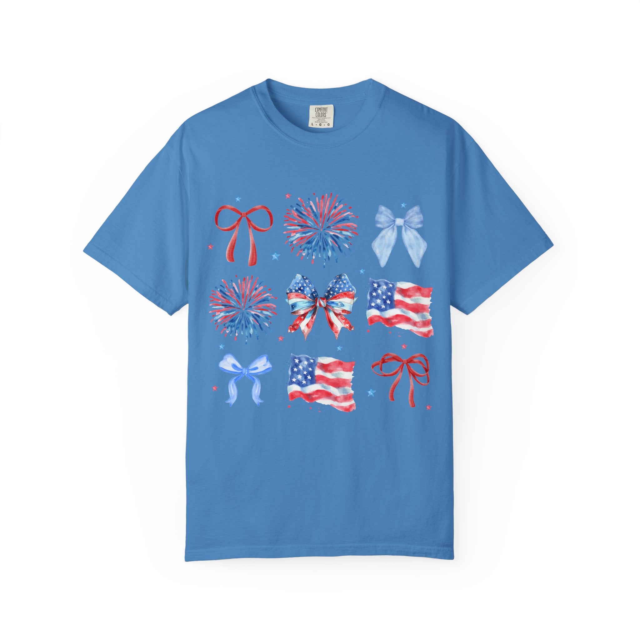 Patriotic Bows & Fireworks T-Shirt — American Flag Fourth of July Tee
