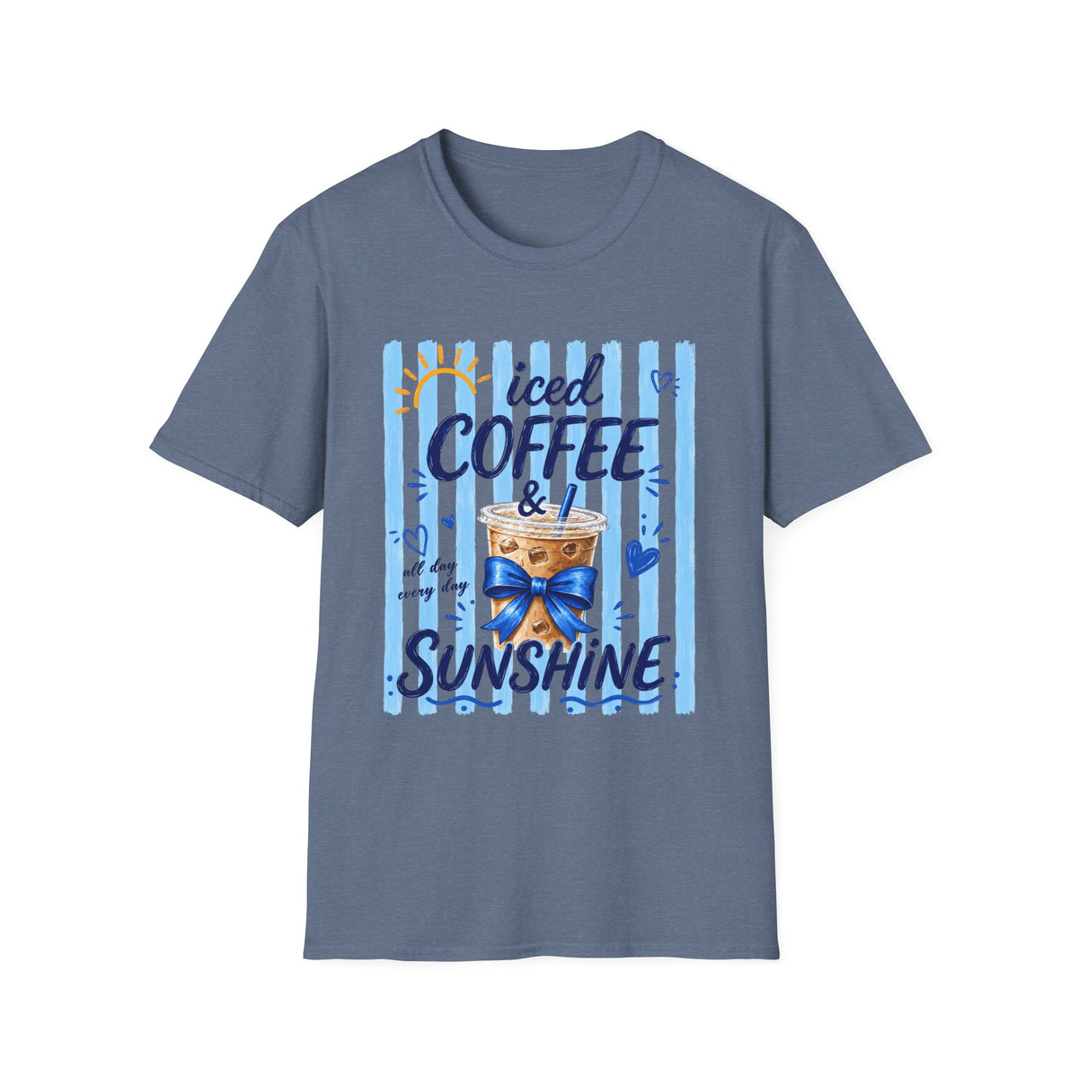 Iced Coffee & Sunshine T-Shirt — Cute Blue Striped Summer Tee