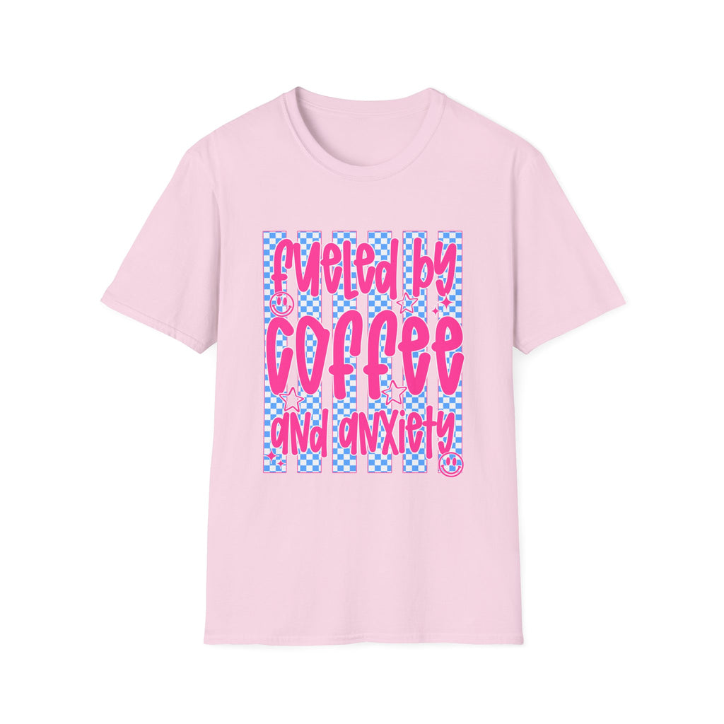 Fueled By Coffee And Anxiety T-Shirt — Retro Pink & Blue Checker Graphic