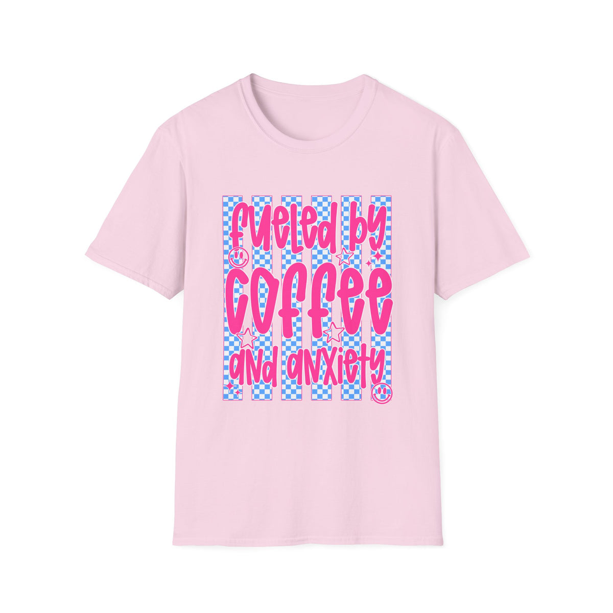 Fueled By Coffee And Anxiety T-Shirt — Retro Pink & Blue Checker Graphic