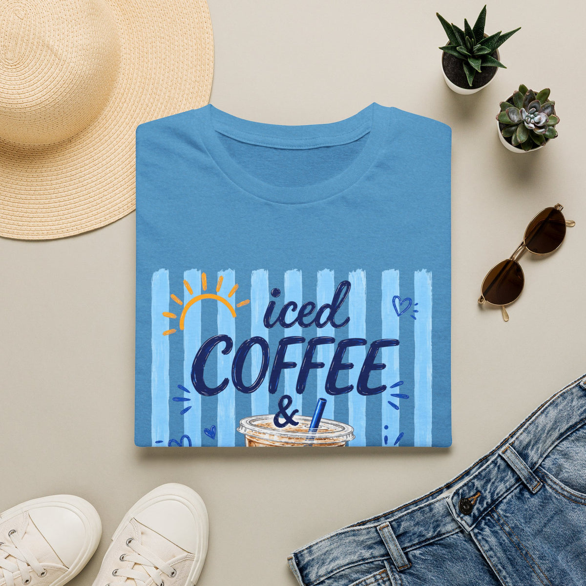 Iced Coffee & Sunshine T-Shirt — Cute Blue Striped Summer Tee