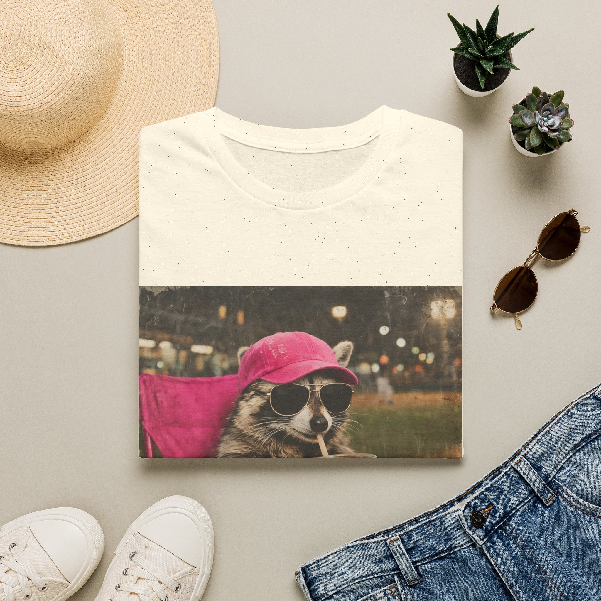 Raccoon Baseball/Softball Relaxing T-Shirt — 'Live Here Now' Retro Vacation Graphic Tee