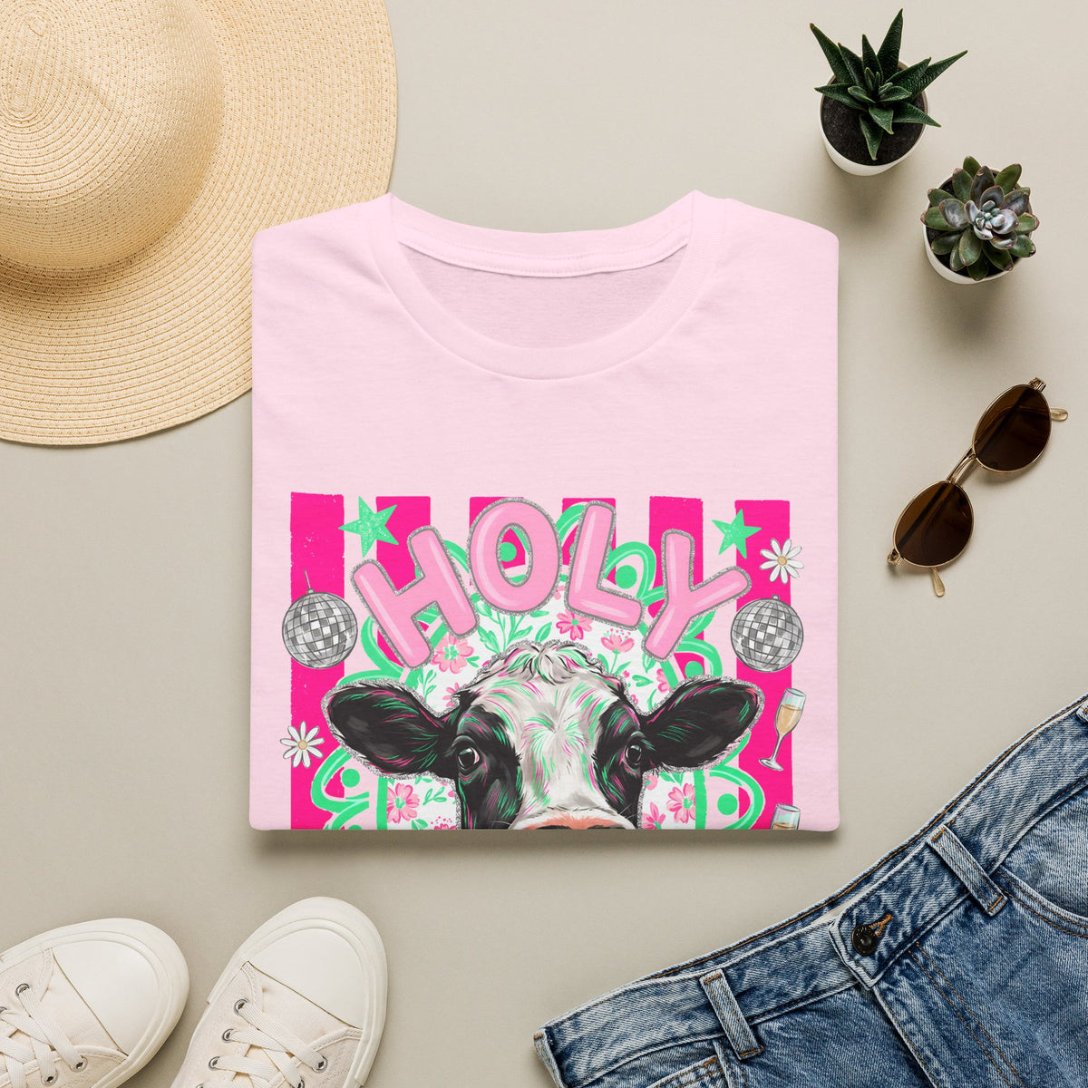 Holly Cow Graphic T-Shirt — Festive Cow Art Tee