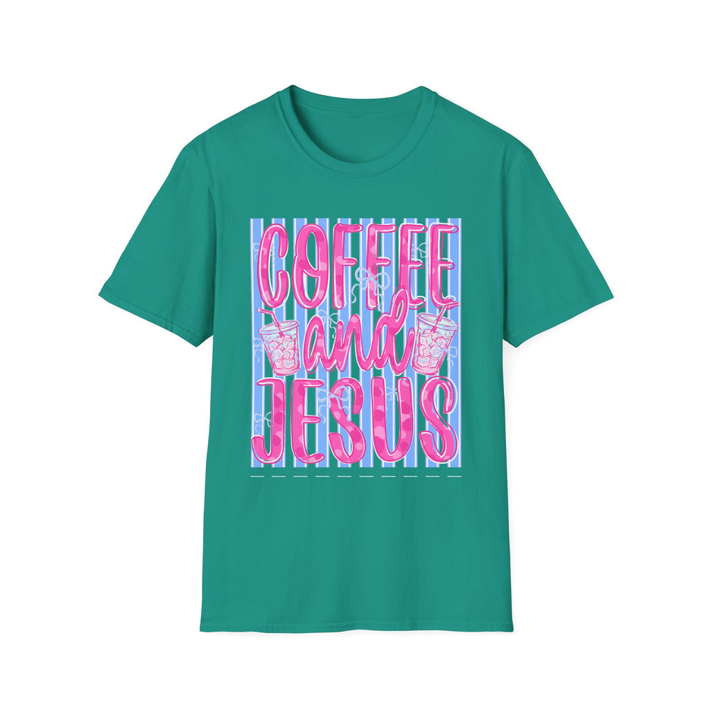 Coffee and Jesus T‑Shirt — Retro Pink & Blue Faith Graphic Tee