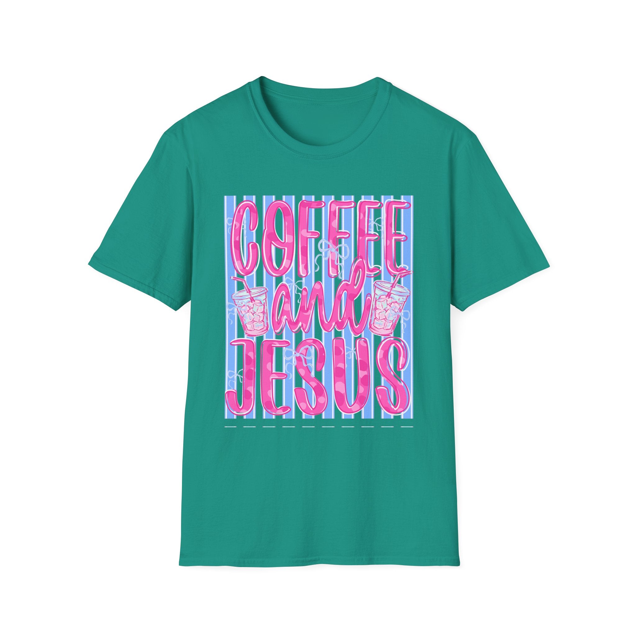 Coffee and Jesus T‑Shirt — Retro Pink & Blue Faith Graphic Tee
