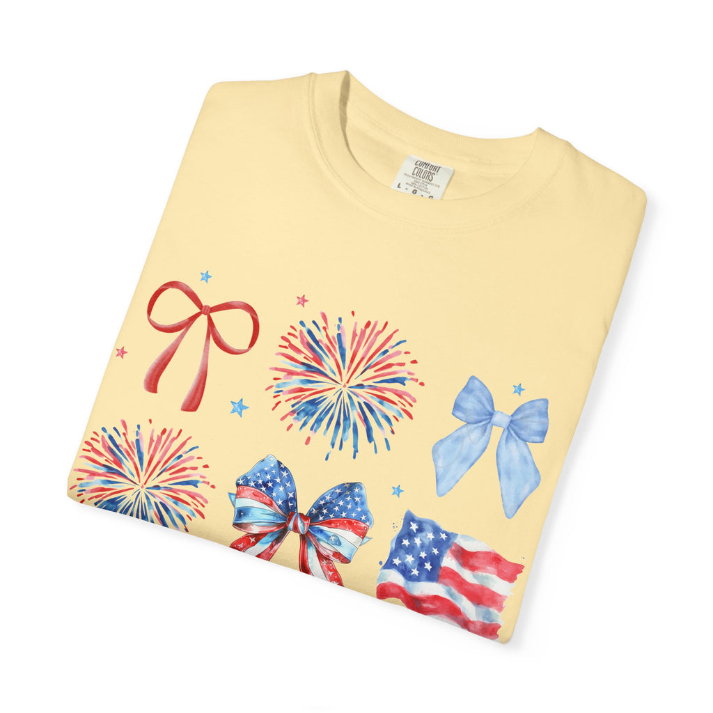 Patriotic Bows & Fireworks T-Shirt — American Flag Fourth of July Tee