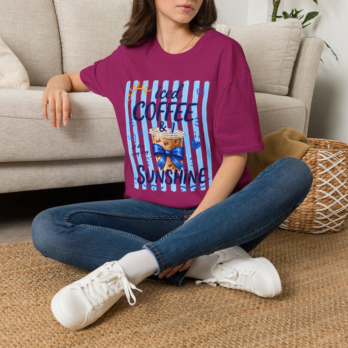 Iced Coffee & Sunshine T-Shirt — Cute Blue Striped Summer Tee