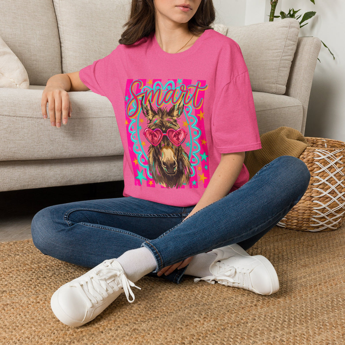 Smart Donkey T-Shirt — Colorful Heart-Sunglasses Graphic Tee for Animal Lovers