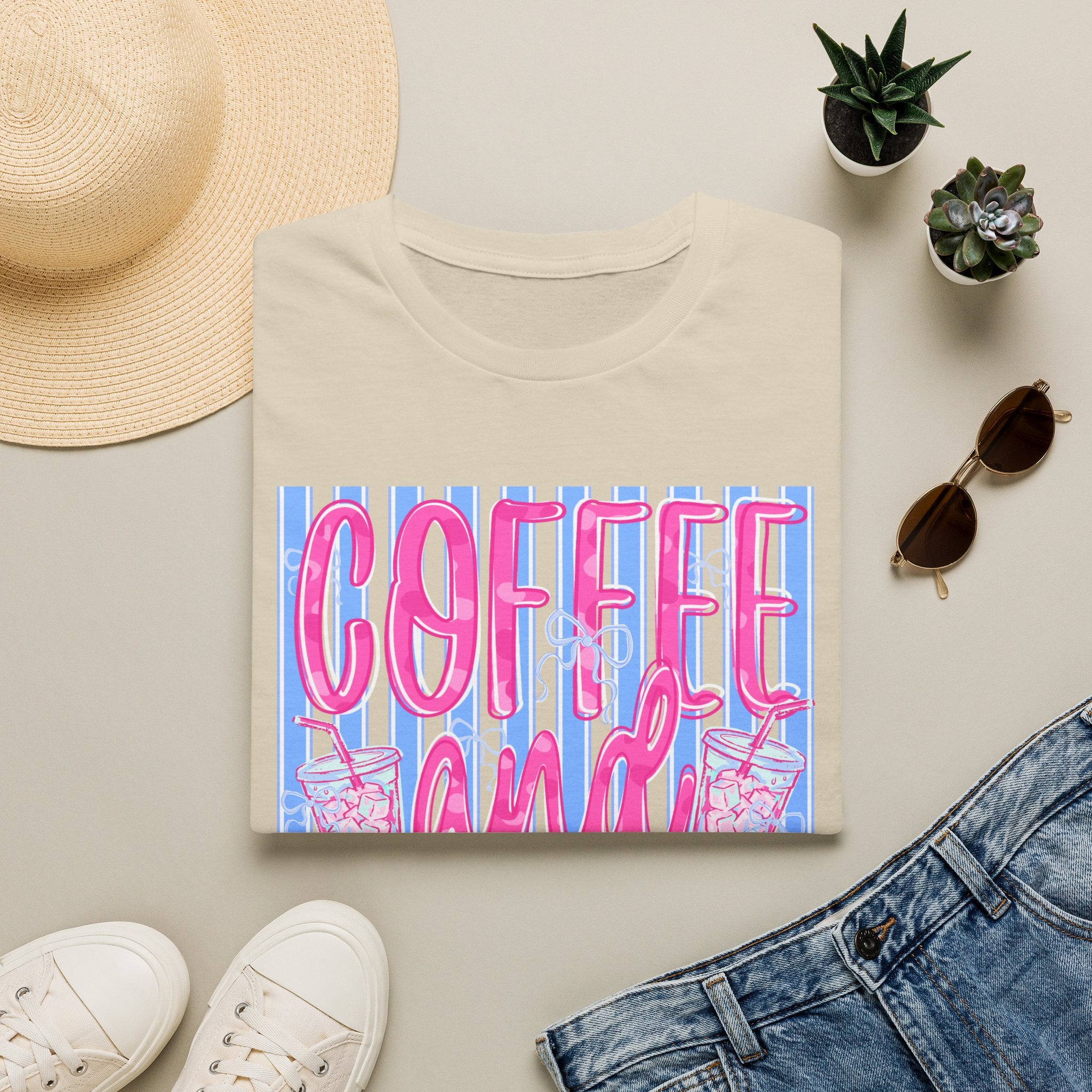 Coffee and Jesus T‑Shirt — Retro Pink & Blue Faith Graphic Tee