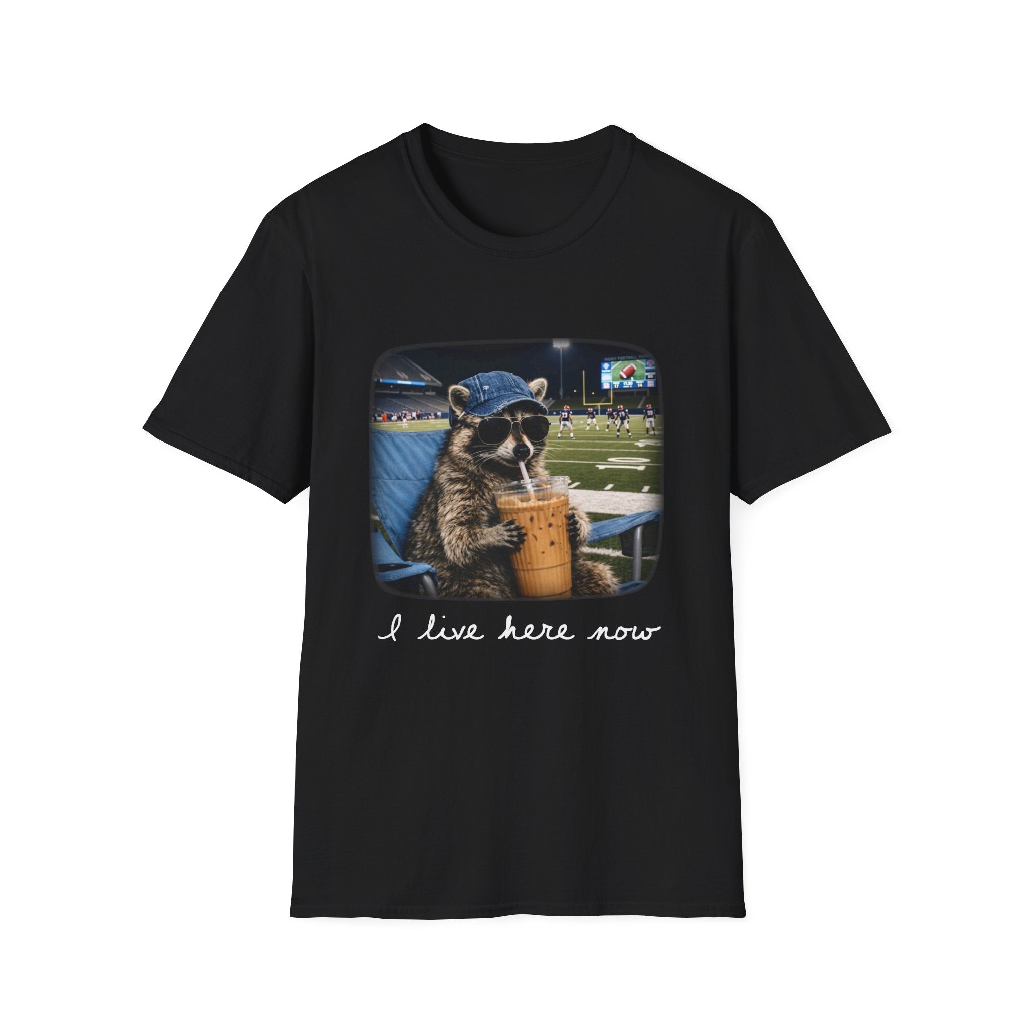 Raccoon Football Stadium Tee – "I Live Here Now" Graphic T-Shirt
