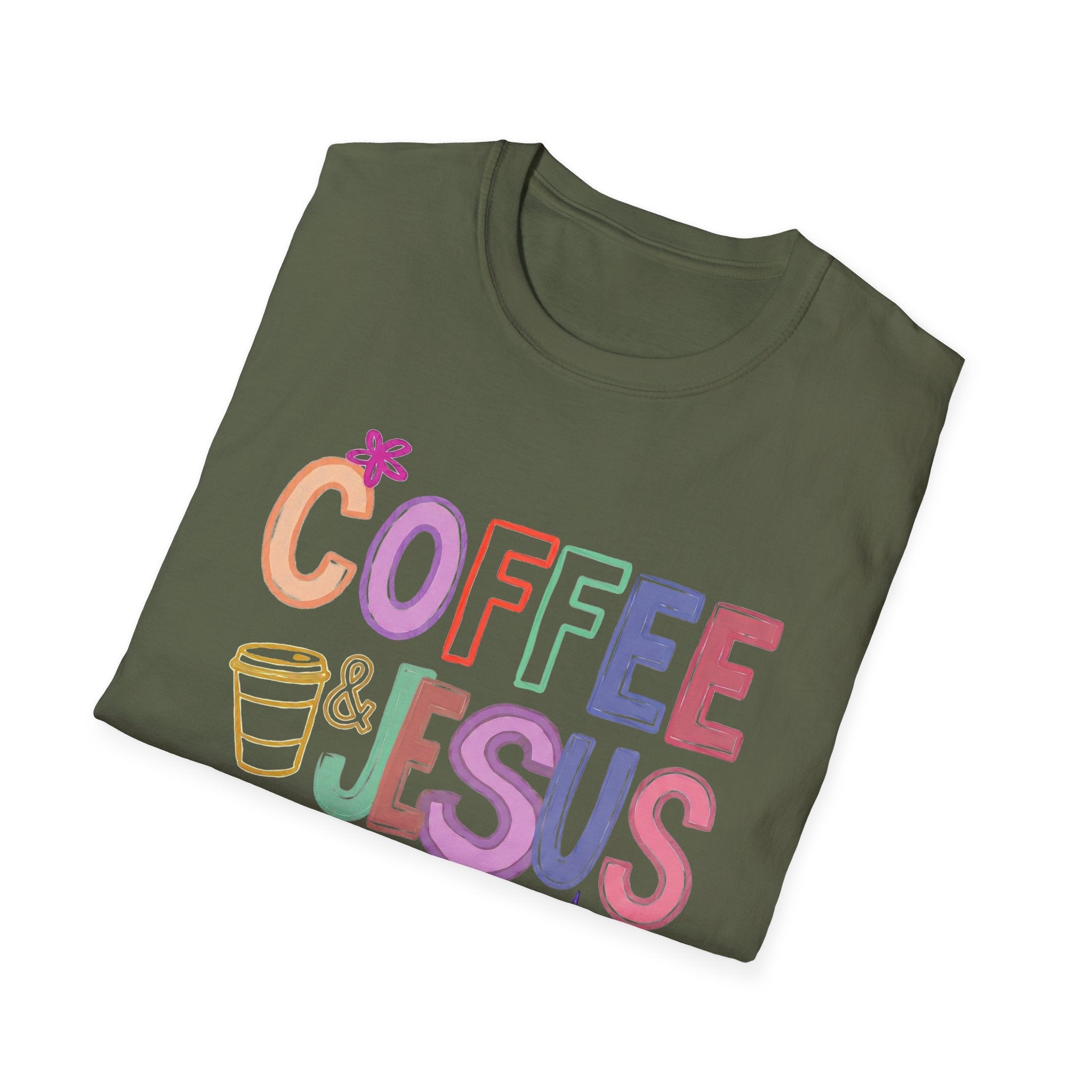 Coffee & Jesus T‑Shirt — Colorful Faith Graphic Tee for Women