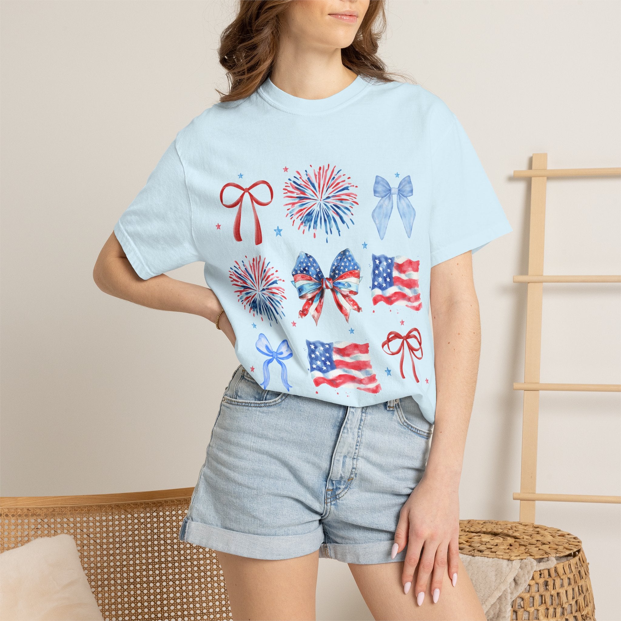 Patriotic Bows & Fireworks T-Shirt — American Flag Fourth of July Tee