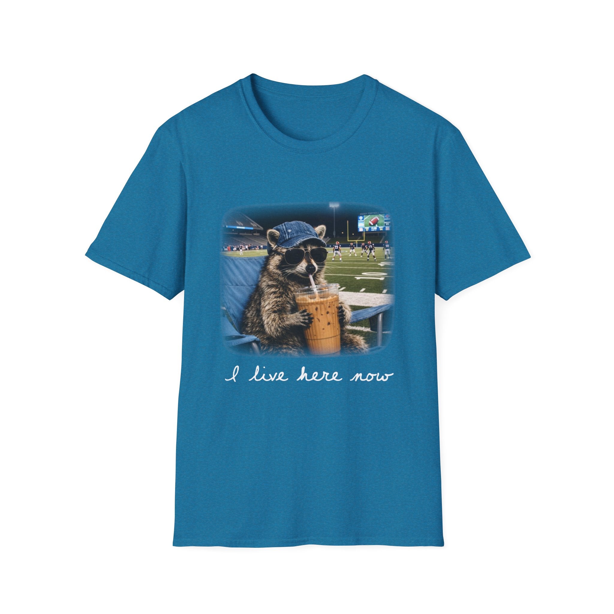 Raccoon Football Stadium Tee – "I Live Here Now" Graphic T-Shirt
