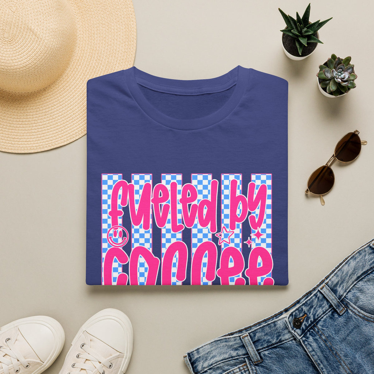 Fueled By Coffee And Anxiety T-Shirt — Retro Pink & Blue Checker Graphic