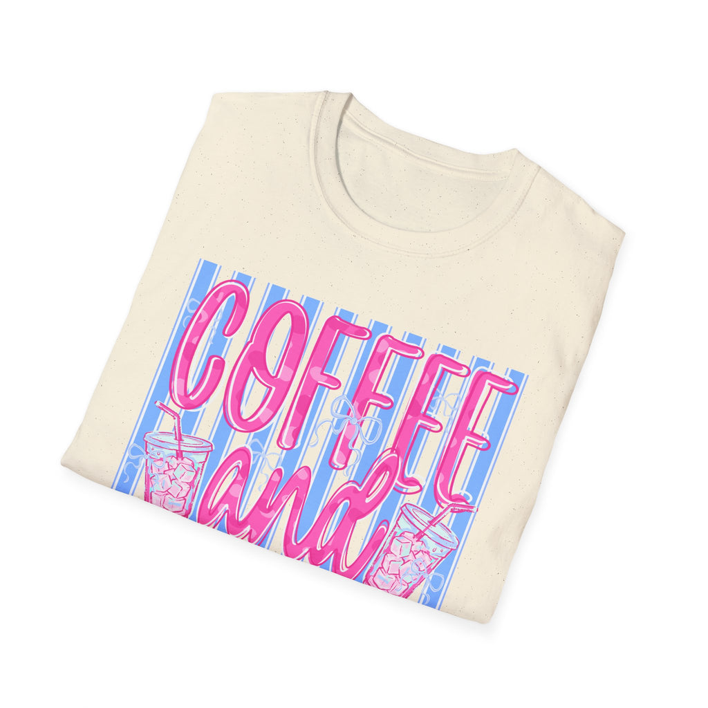 Coffee and Jesus T‑Shirt — Retro Pink & Blue Faith Graphic Tee