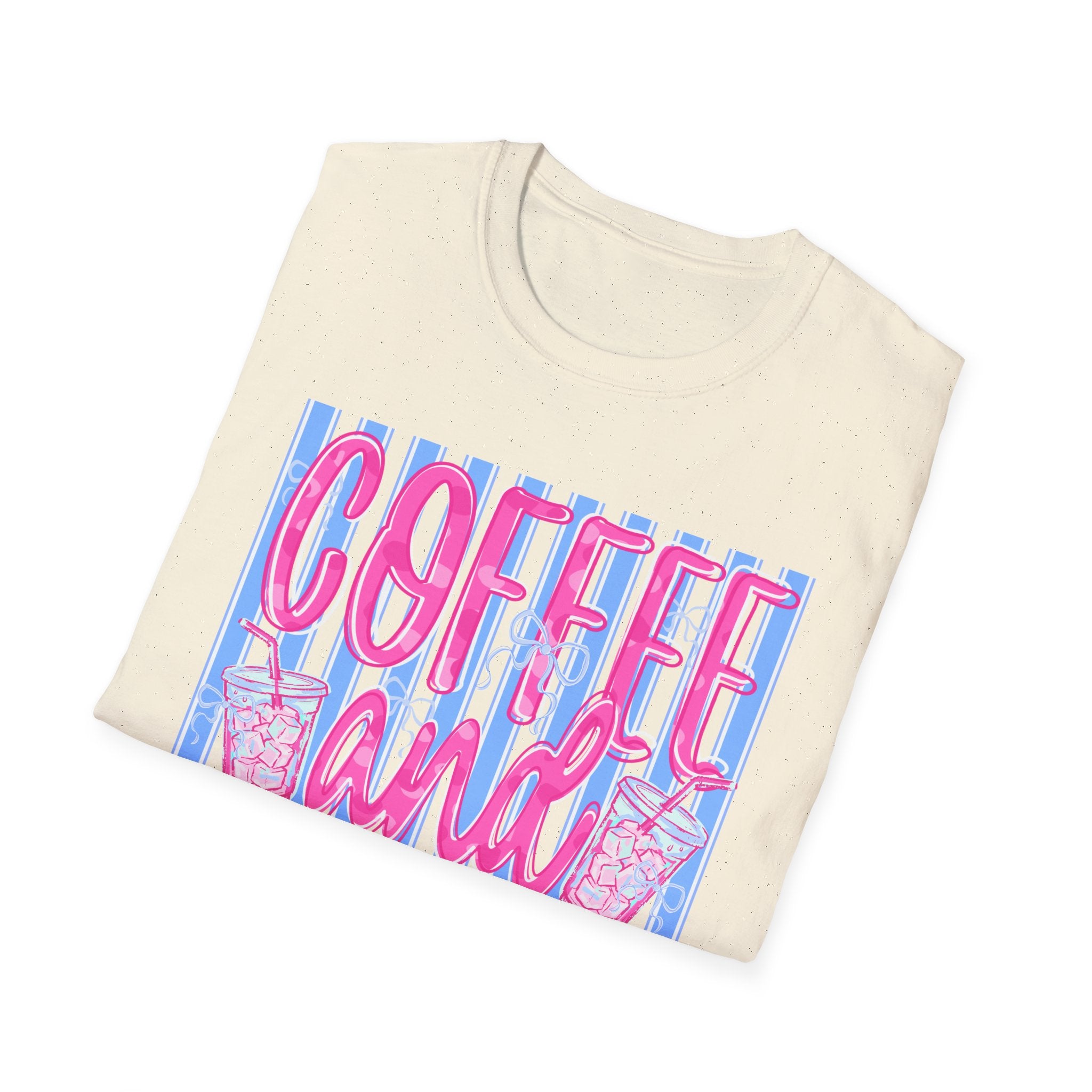 Coffee and Jesus T‑Shirt — Retro Pink & Blue Faith Graphic Tee