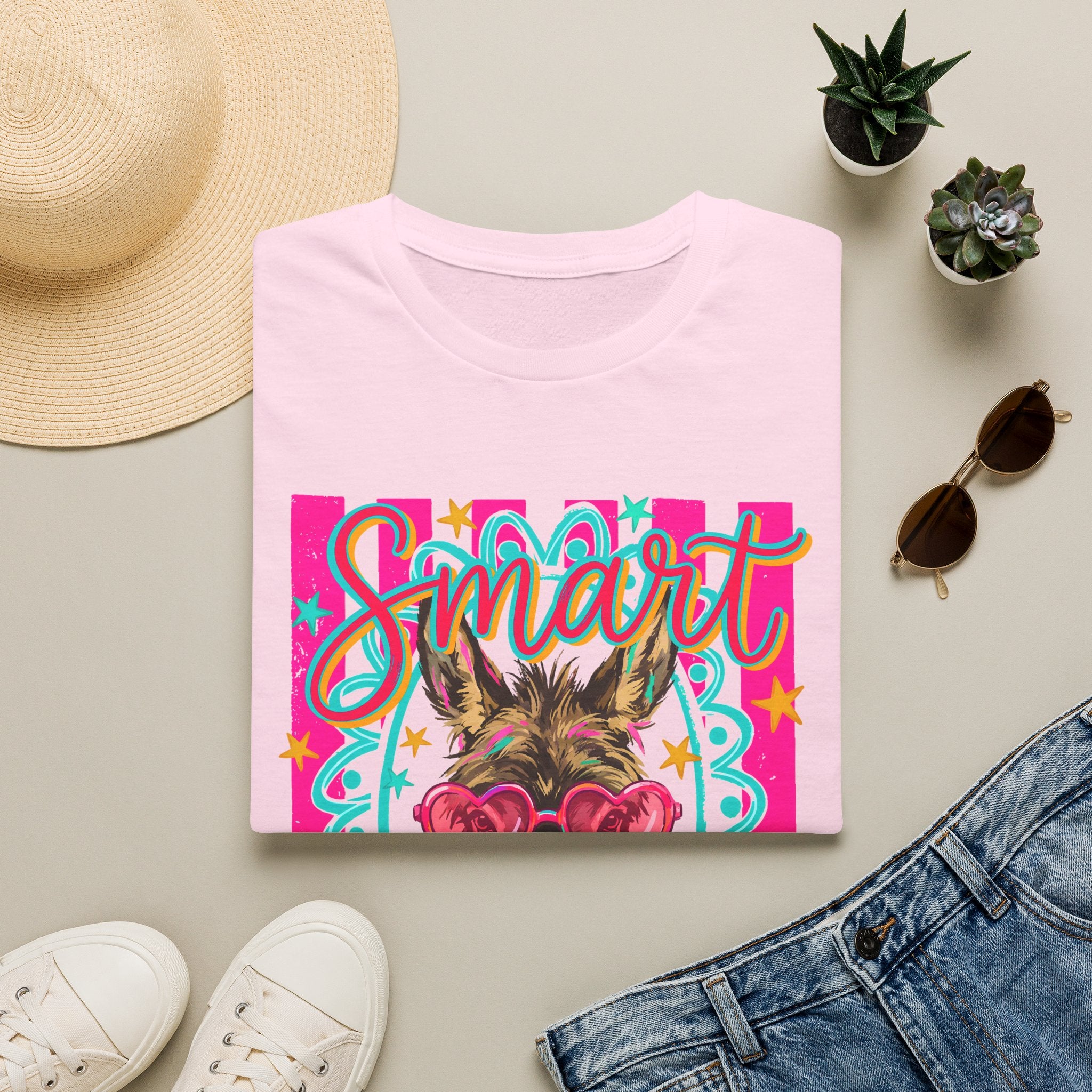 Smart Donkey T-Shirt — Colorful Heart-Sunglasses Graphic Tee for Animal Lovers