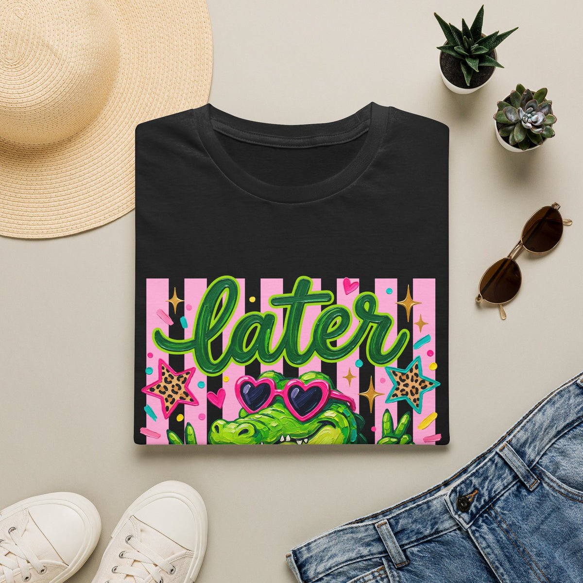 Later Alligator T-Shirt — Cute Retro Croc Graphic Tee with Heart Sunglasses