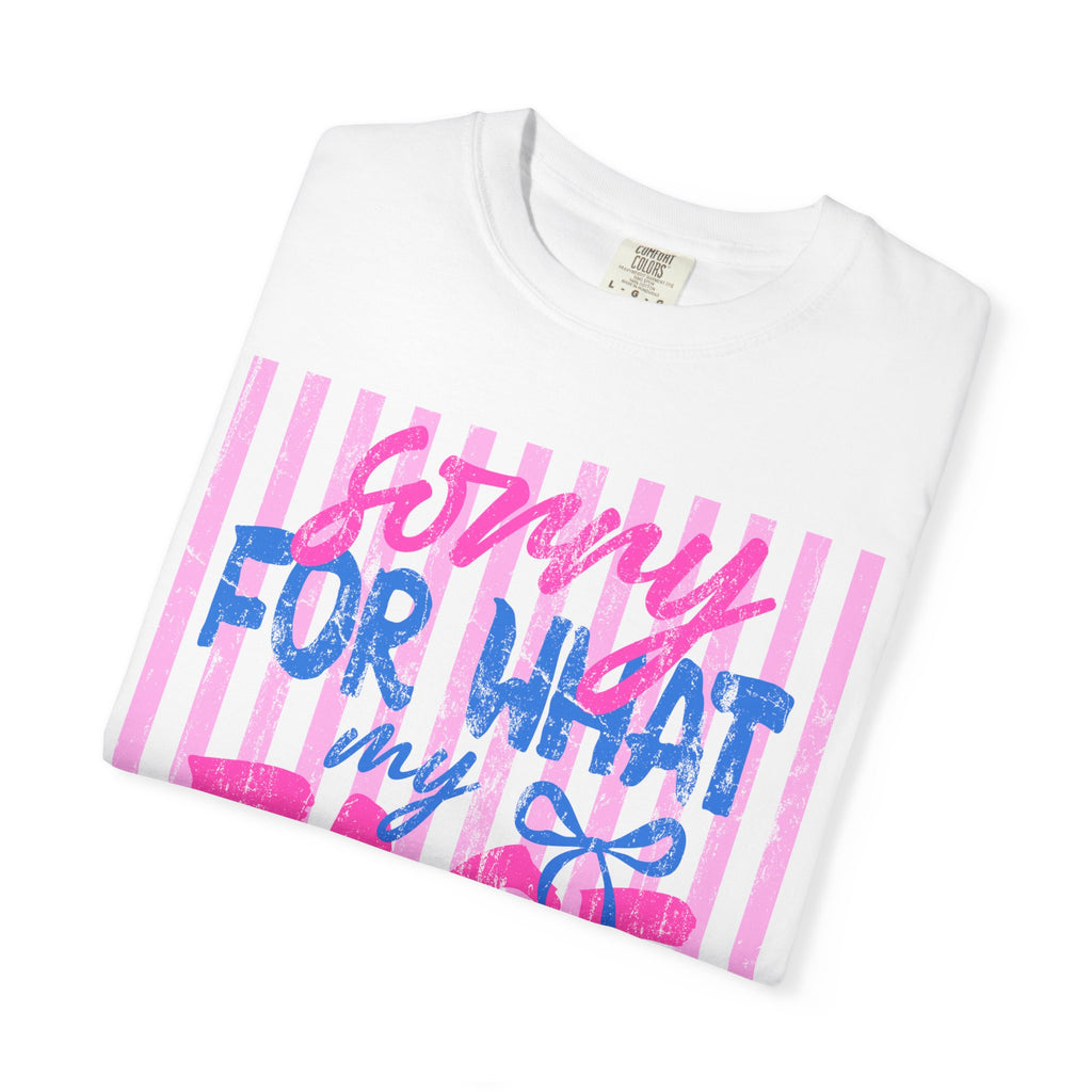 T-Shirt — "Sorry For What My Face Said" Graphic Tee (Pink & Blue Stripes)