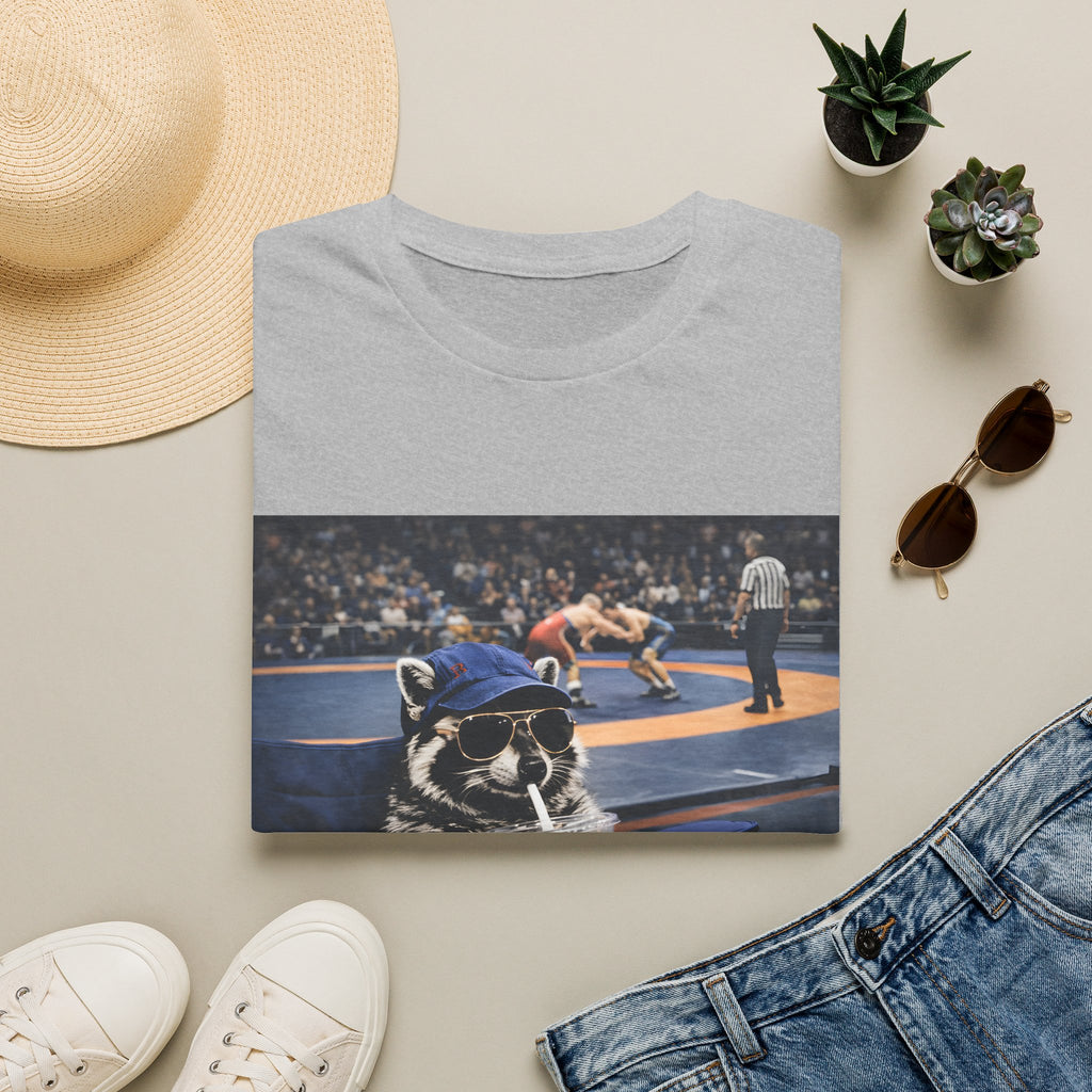 Wrestling Raccoon T‑Shirt — 'I Live Here Now' Funny Sports Tee