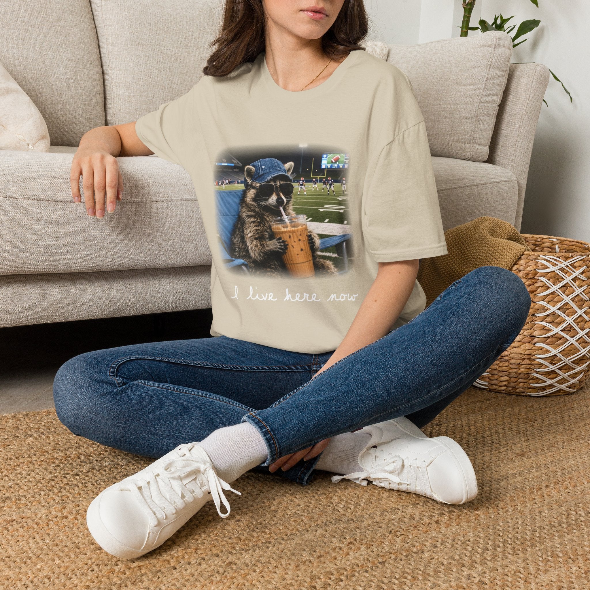 Raccoon Football Stadium Tee – "I Live Here Now" Graphic T-Shirt