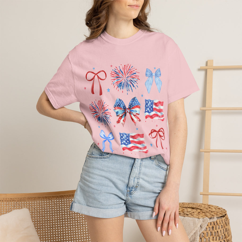 Patriotic Bows & Fireworks T-Shirt — American Flag Fourth of July Tee