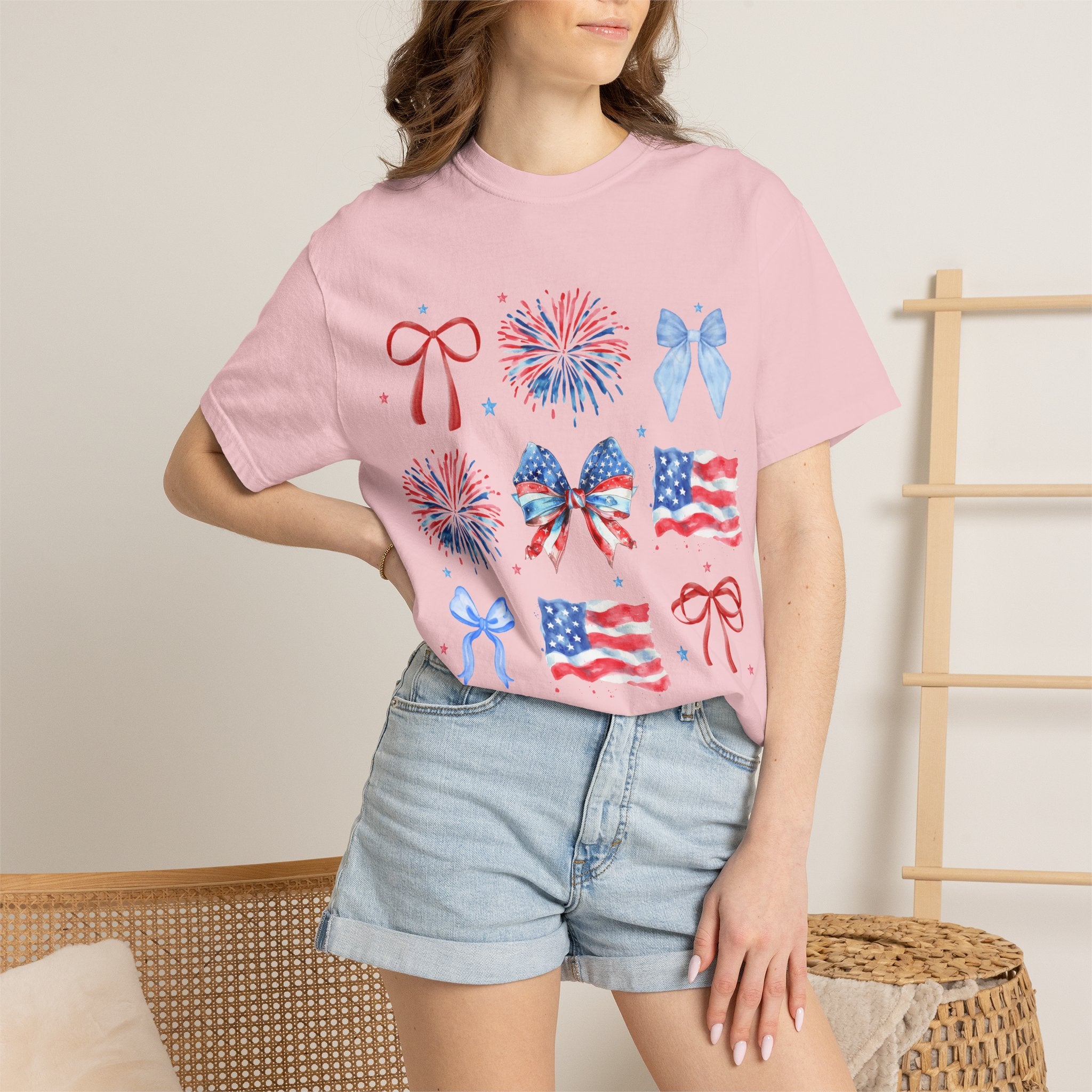 Patriotic Bows & Fireworks T-Shirt — American Flag Fourth of July Tee