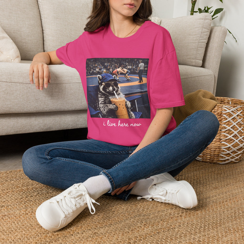 Wrestling Raccoon T‑Shirt — 'I Live Here Now' Funny Sports Tee