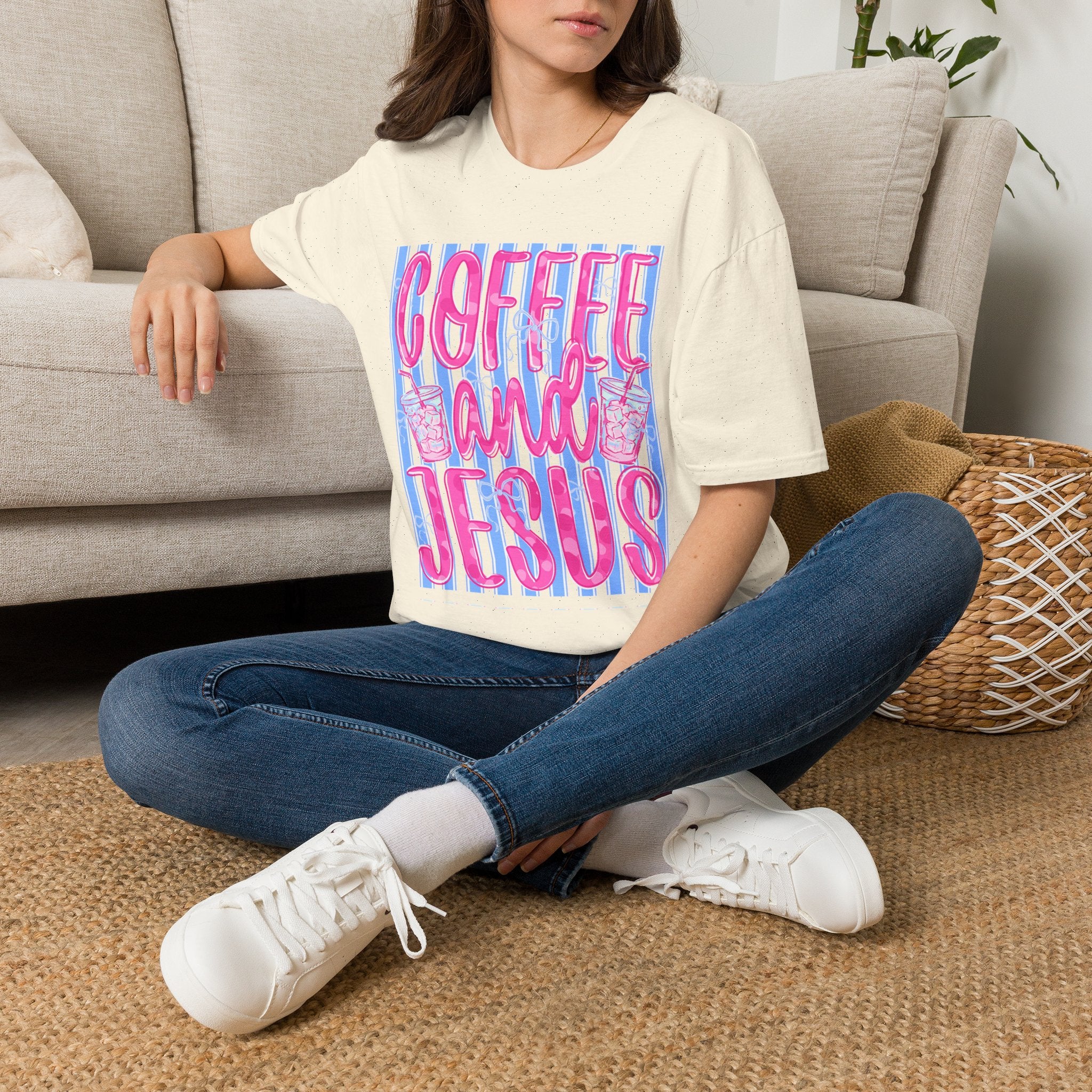 Coffee and Jesus T‑Shirt — Retro Pink & Blue Faith Graphic Tee