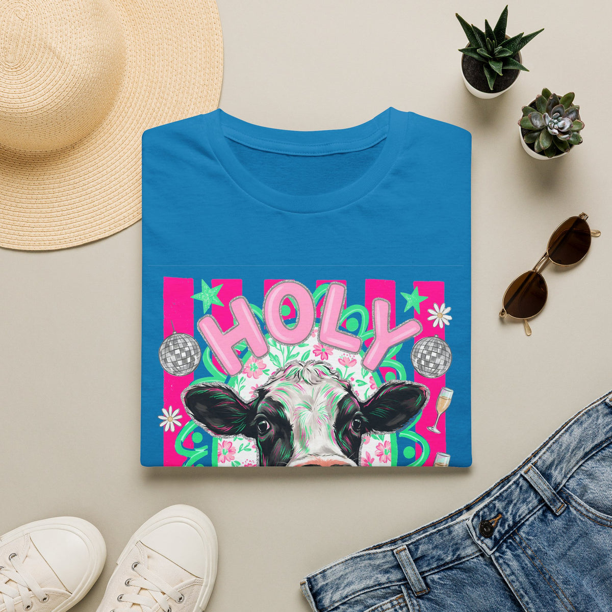 Holly Cow Graphic T-Shirt — Festive Cow Art Tee