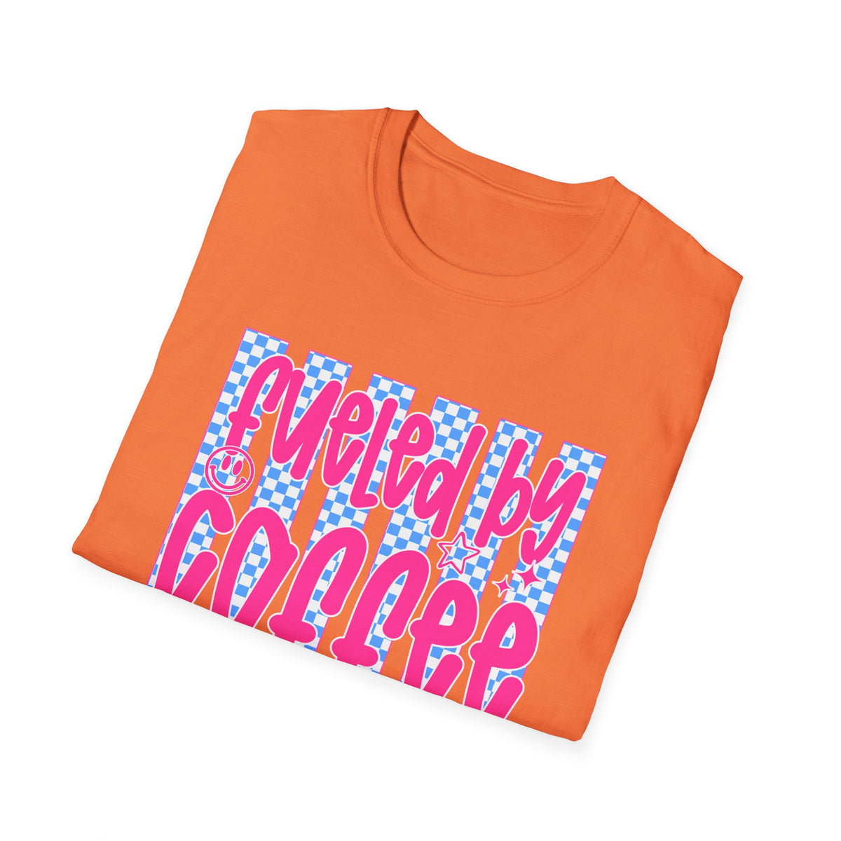 Fueled By Coffee And Anxiety T-Shirt — Retro Pink & Blue Checker Graphic