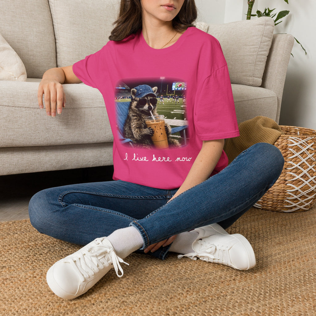 Raccoon Football Stadium Tee – "I Live Here Now" Graphic T-Shirt