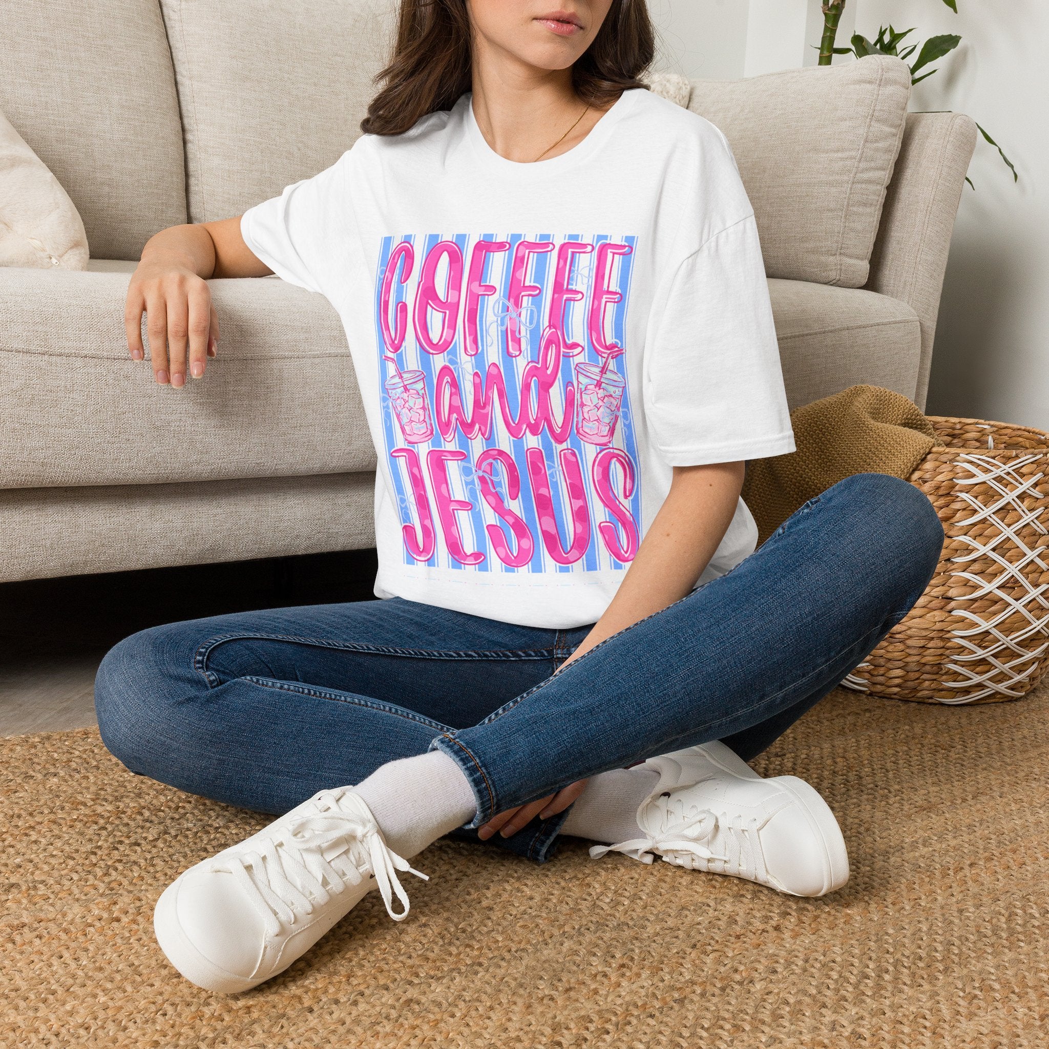 Coffee and Jesus T‑Shirt — Retro Pink & Blue Faith Graphic Tee
