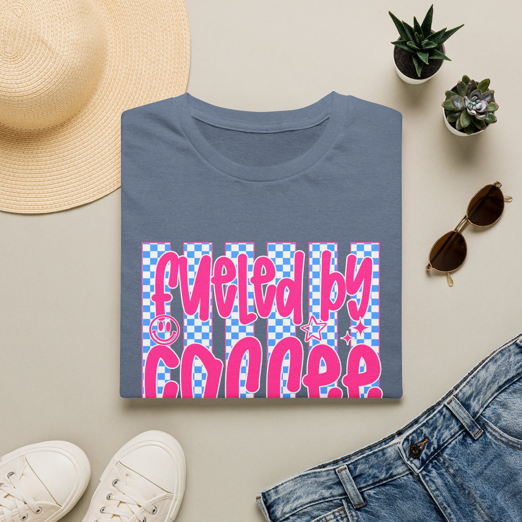Fueled By Coffee And Anxiety T-Shirt — Retro Pink & Blue Checker Graphic